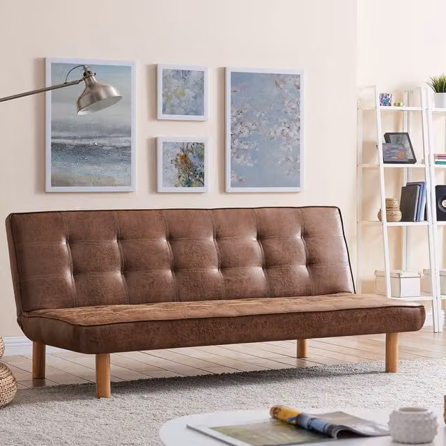 Home Detail Salerno Click Clack Sofa Bed in Brown Air Leather with Wooden Legs