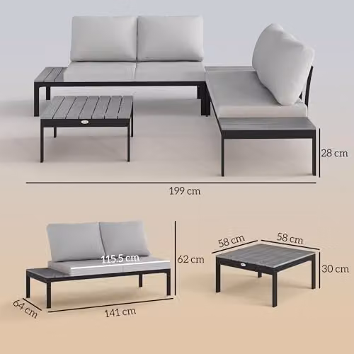 Outsunny 4 Piece L Shaped Garden Furniture Set with Upholstered Cushions and Coffee Table, Grey – 7