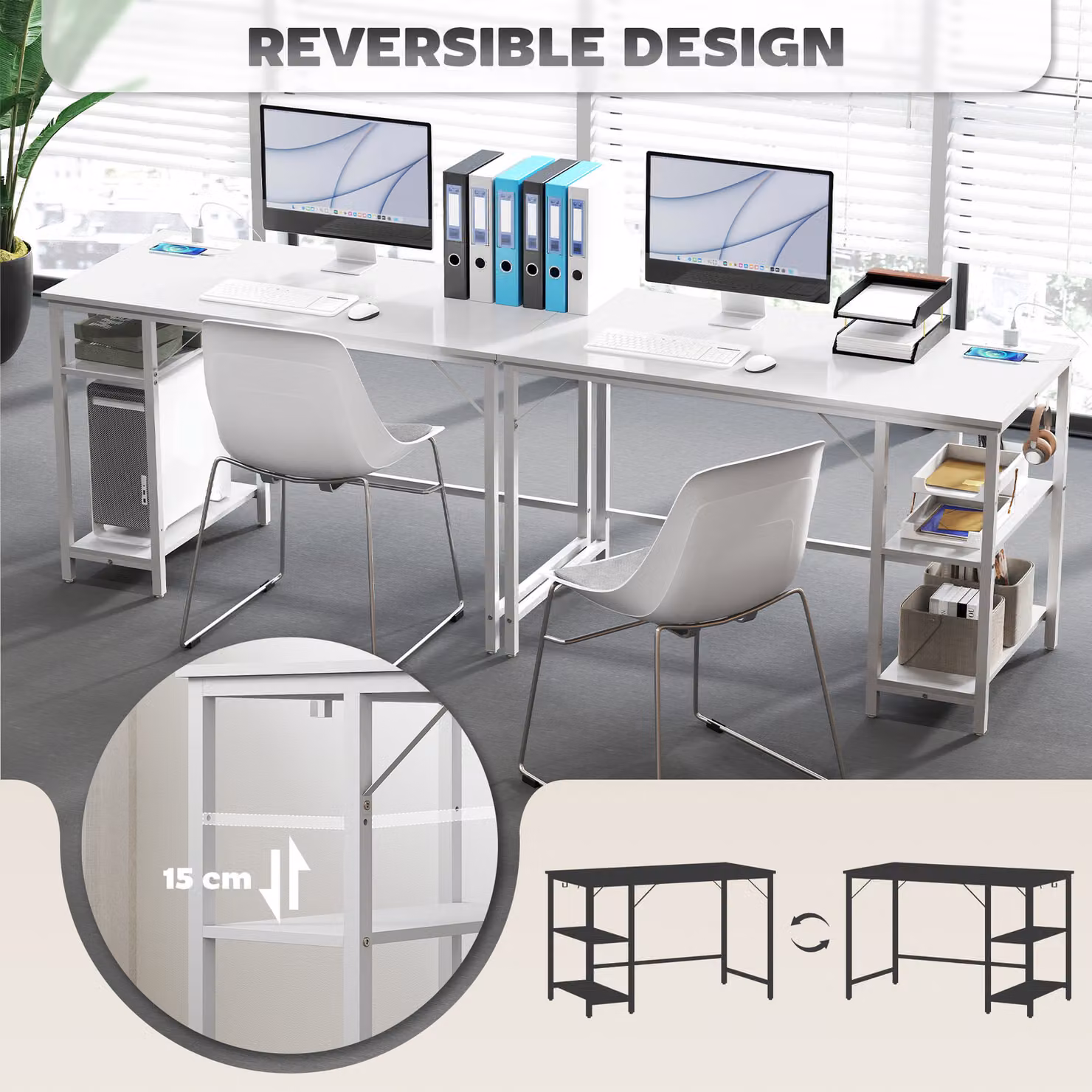 HOMCOM White Modern Computer Desk with Power Outlets and Reversible Shelves, W: 120 cm, D: 60 cm – 3