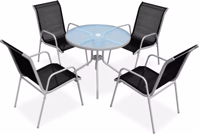 Berkfield Home 5 Piece Modern Outdoor Dining Set in Black and Grey Powder Coated Steel with Glass Tabletop