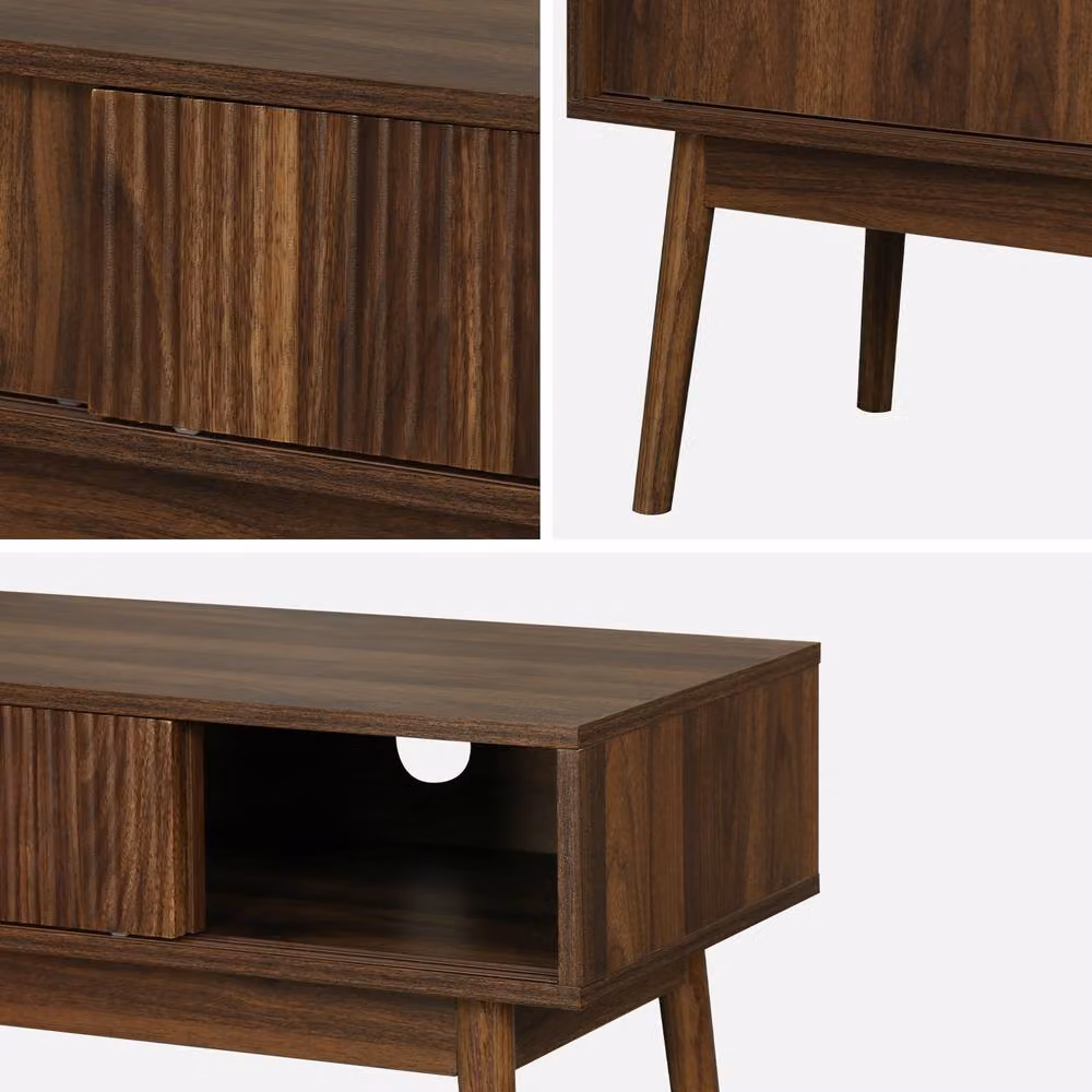 Sweek Scandinavian Style TV Unit with Grooved Wood Detail and 2 Doors in Dark Brown, Width: 115 cm – 3