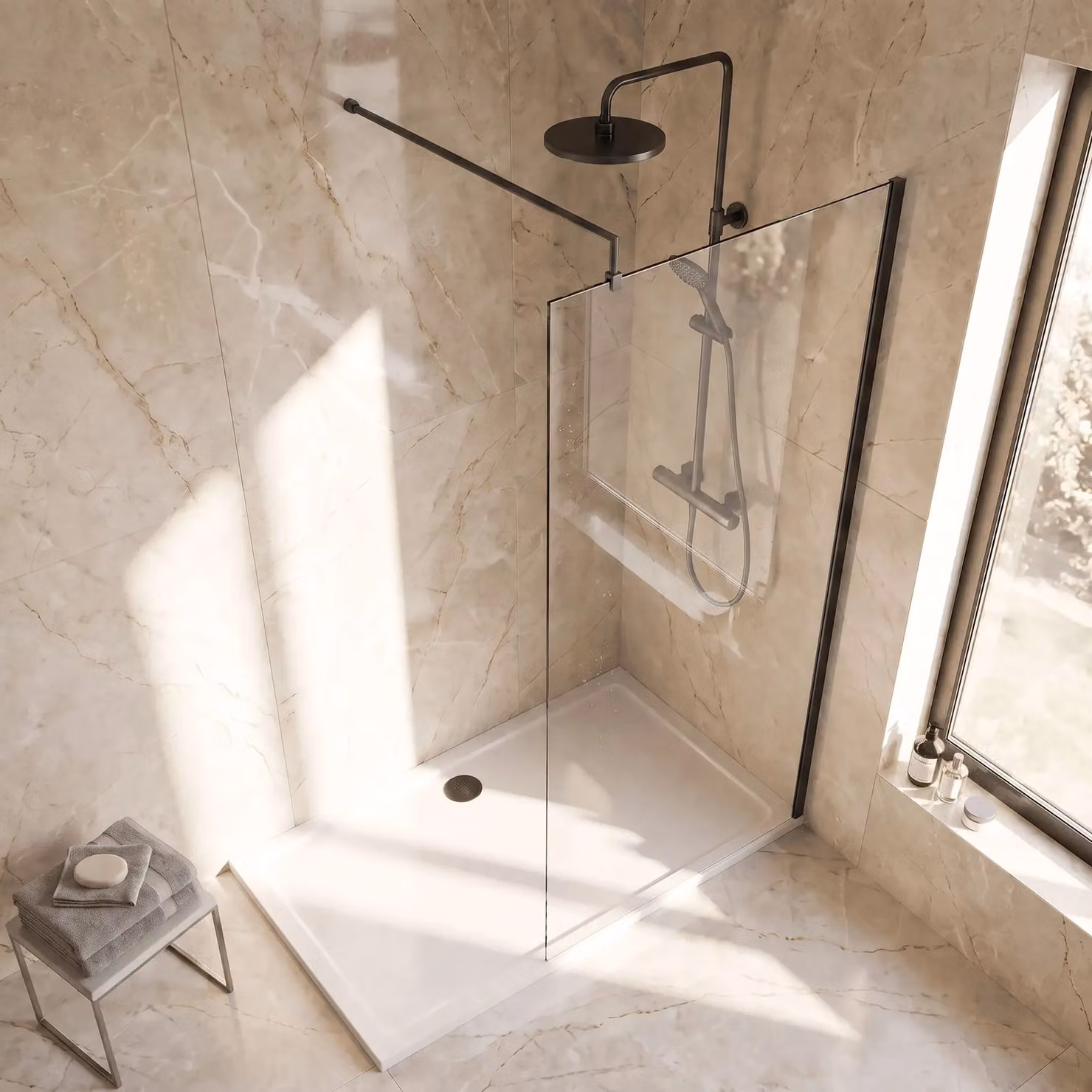 Balterley 8mm Frameless Single Panel Wetroom Screen and Support Bar in Black with Clear Glass, W: 76 cm, H: 185 cm – 2