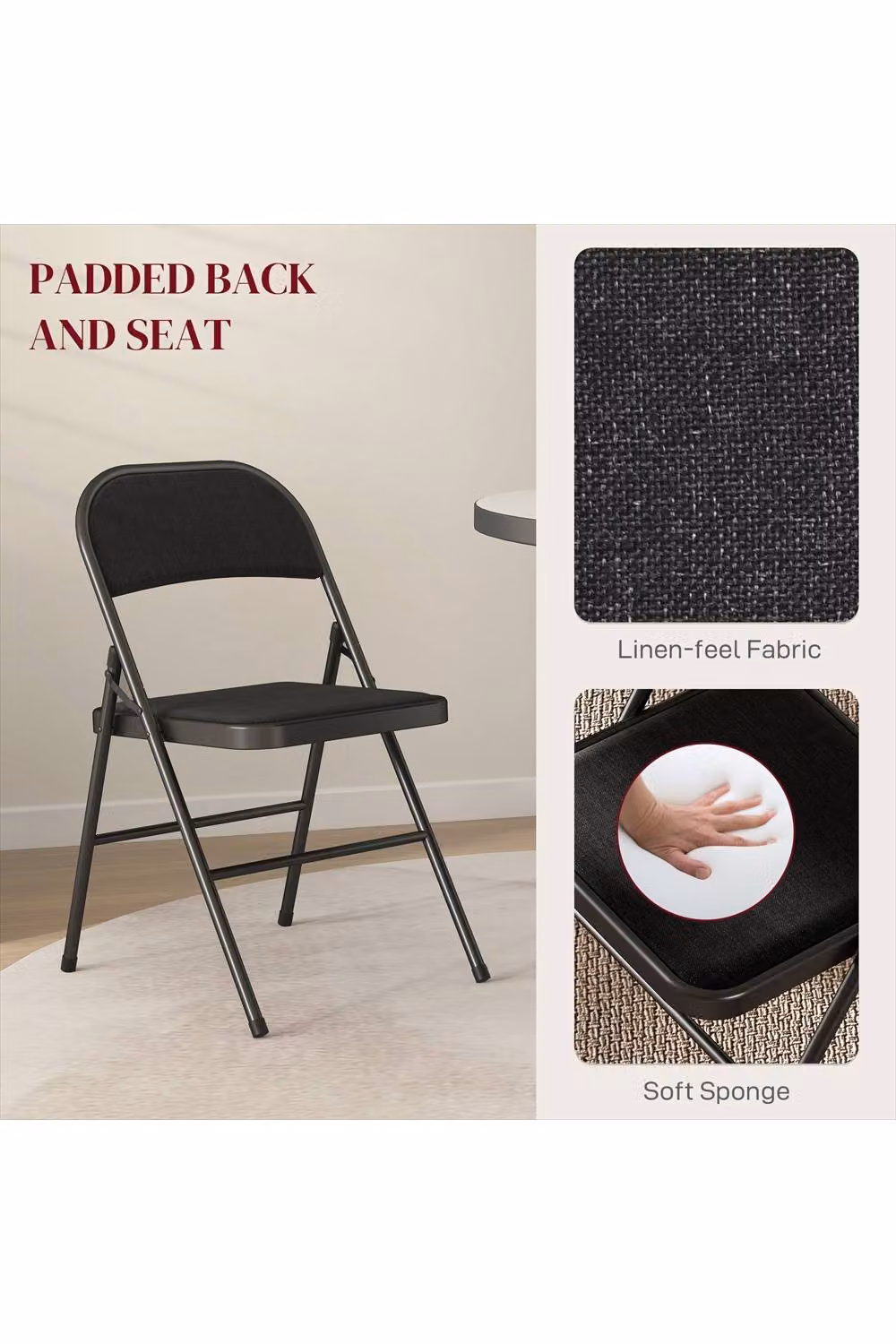 ERGOVEXA Set of Four Black Linen-Look Cushioned Folding Chairs – 3