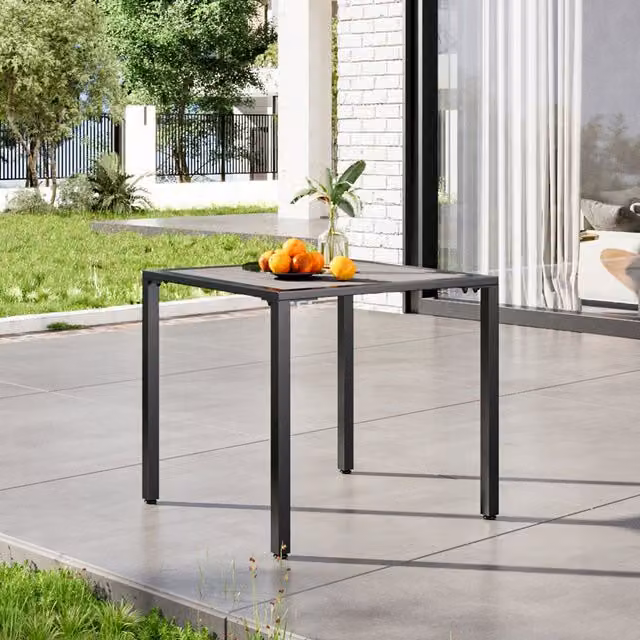 Garden Sanctuary Slatted Metal Garden Table with Parasol Hole in Grey and Black, Diameter: 80 cm
