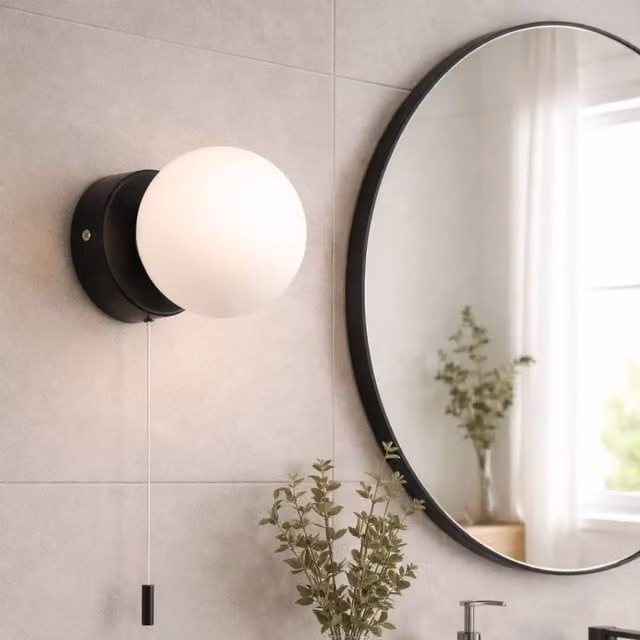 Pagazzi Toronto Modern Black IP44 Wall Light with Glass Cylinder Shade