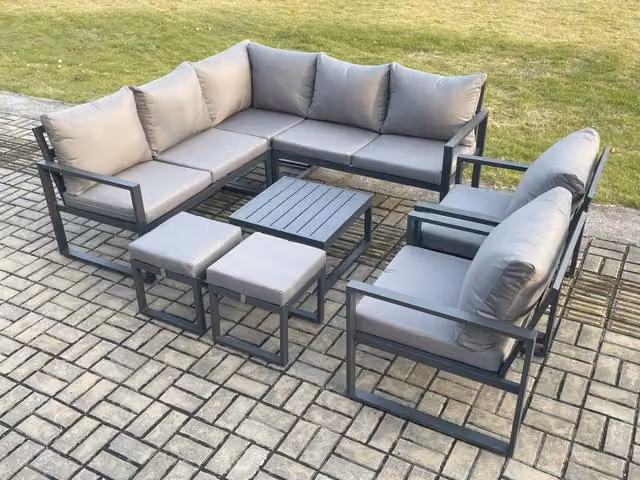 Fimous 9 Seater Outdoor Aluminium Garden Furniture Set in Dark Grey with Corner Lounge Sofa, Square Coffee Table and 2 Footstools