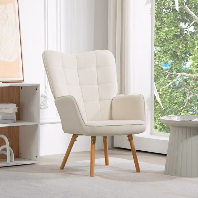 HOMCOM Wingback Armchair in Cream Velvet-touch Polyester Fabric with Wood Legs