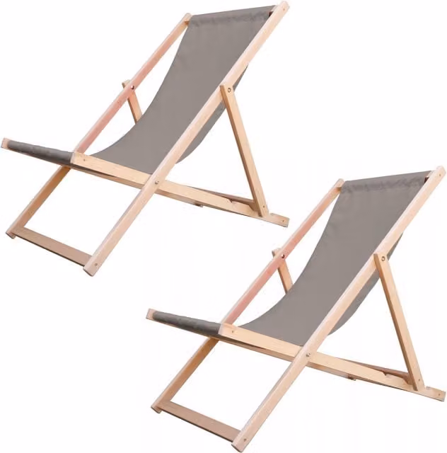 NOVECRAFTO Set of 2 Traditional Folding Beech Wood Deck Chairs with UV-Resistant Beige Canvas Fabric