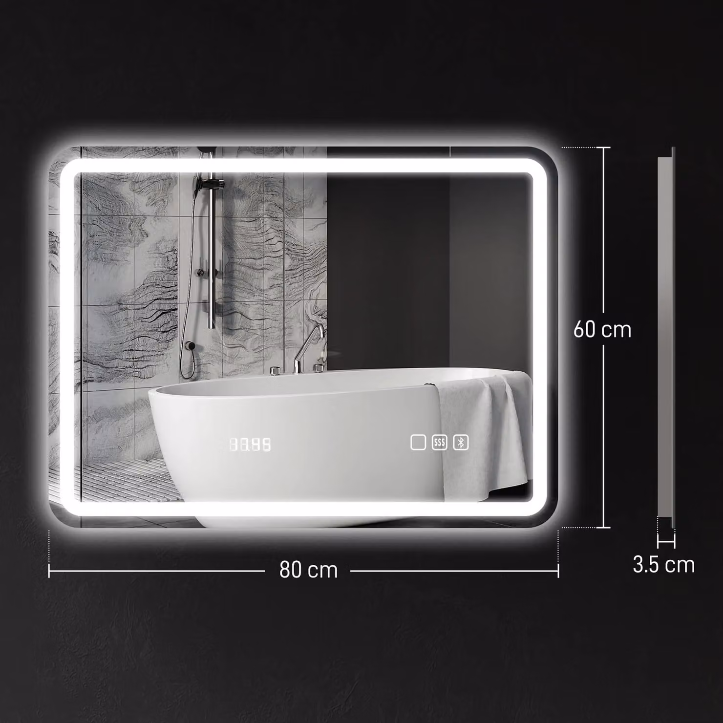 HOMCOM Illuminated Bluetooth Bathroom Mirror with Clock in Silver, W: 80 cm, H: 60 cm – 3