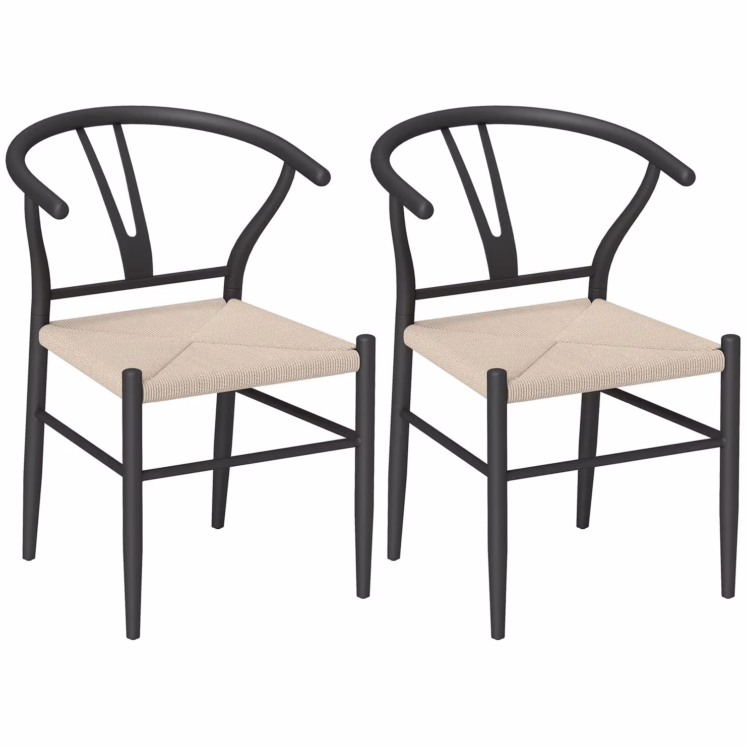 HOMCOM Set of 2 Mid-Century Dining Chairs with Y-Shaped Backrest and Black Paper Rope Woven Hemp Seats – 2