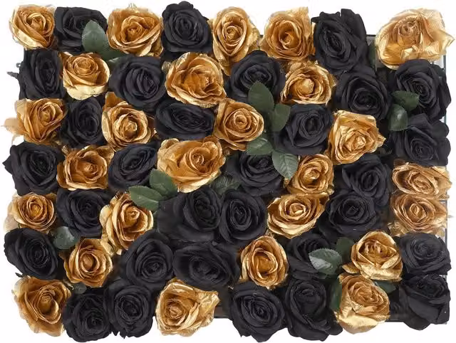 Trimming Shop Artificial Floral Wall Panels with Black and Gold Roses and Leaves