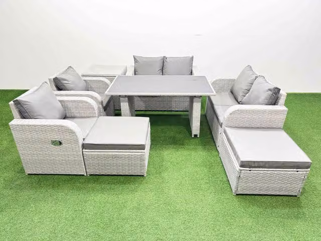 Fimous 8 Piece Rattan Garden Furniture Set with Cushions and Side Table in Light Grey