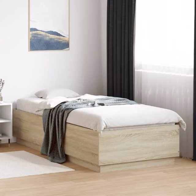 Berkfield Home Modern Bed Frame with LED Under-Bed Lighting and USB Charging Port in Sonoma Oak Brown, W/D/H: 90 x 200 cm