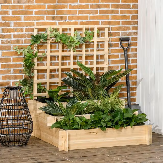 Outsunny 3 Tier Wooden Raised Garden Bed with Trellis in Brown and Yellow