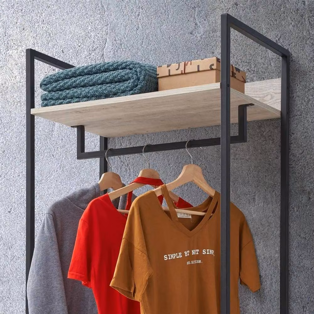 KORVIXA Industrial Metal Clothes Rail and 4 Shelf Bedroom Storage Unit, Black, W/D/H: 100 x 100 x 100 cm – 3