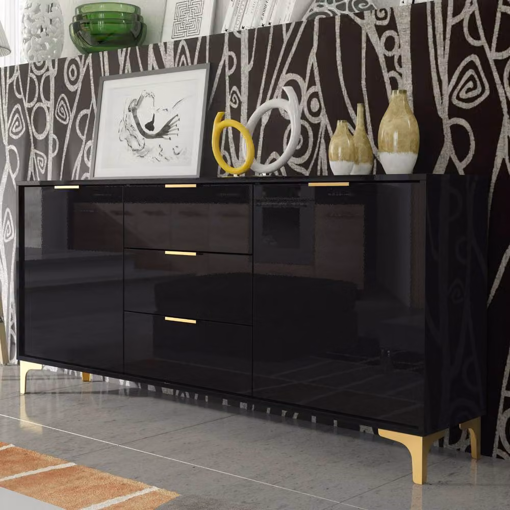 Mex Furniture LTD Goldline Glossy Black and Gold Sideboard, W: 140 cm, H: 80 cm, D: 35 cm – 5