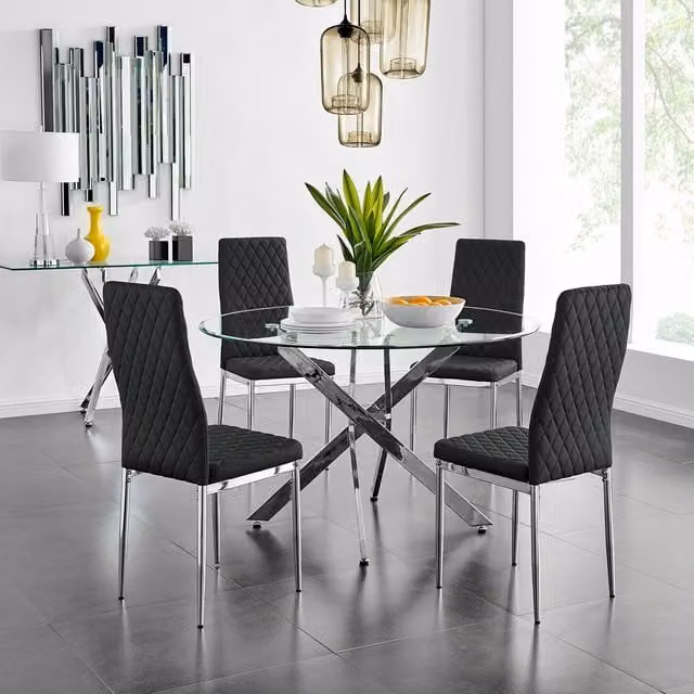 FurnitureboxUK Novara Round Glass Dining Table and 4 Milan Chairs Set in Black with Chrome Metal Frame, Diameter: 120 cm