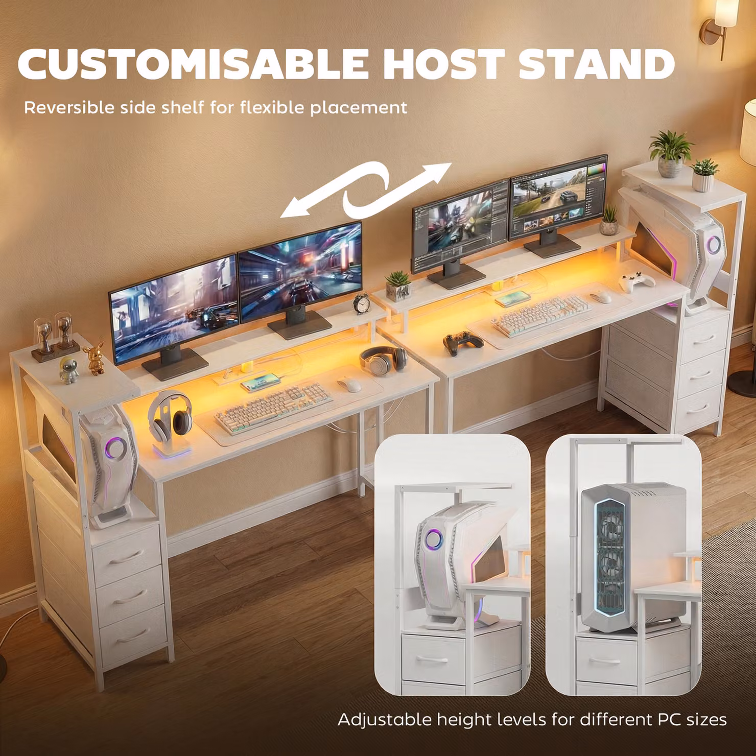 HOMCOM White Gaming Desk with Charging Station, Monitor Stand and RGB Lights for Home Office, W: 147 cm – 4