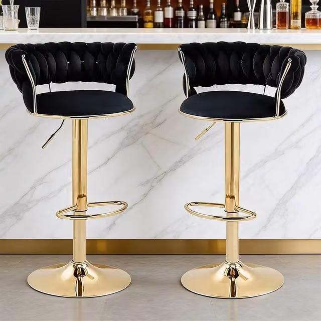 Ventryn Set of 2 Black Velvet Adjustable Swivel Bar Stools with Gold Metal Base – 1