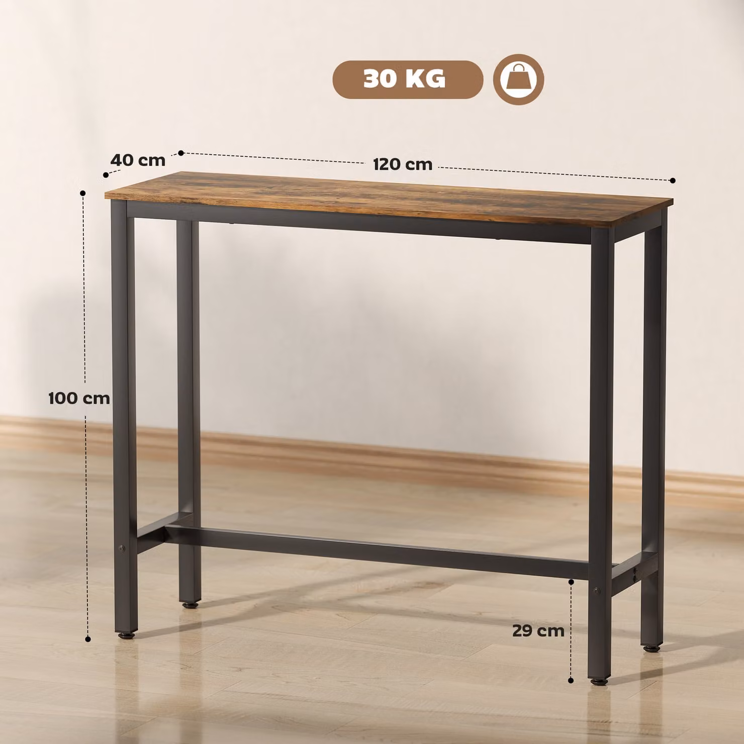 HOMCOM Rectangular Bar Table in Rustic Brown Wood Effect for Kitchen and Dining Rooms – 3