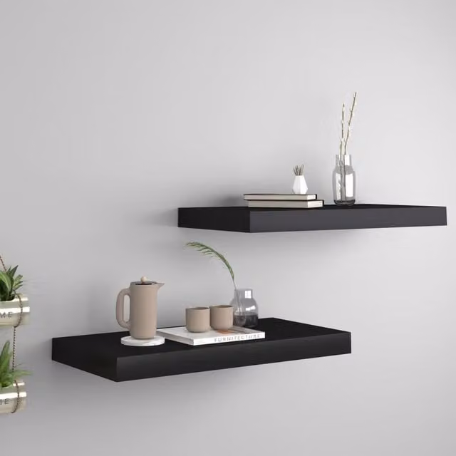 Berkfield Home Set of 2 Black Floating Wall Shelves, W/D/H: 50 x 23 x 3.8 cm