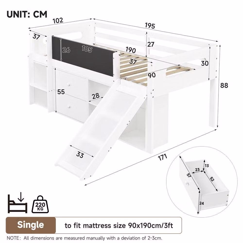 Rolipo White Solid Wood Childrens Cabin Bed with Slide and Blackboard, W/D/H: 140 x 200 cm – 2