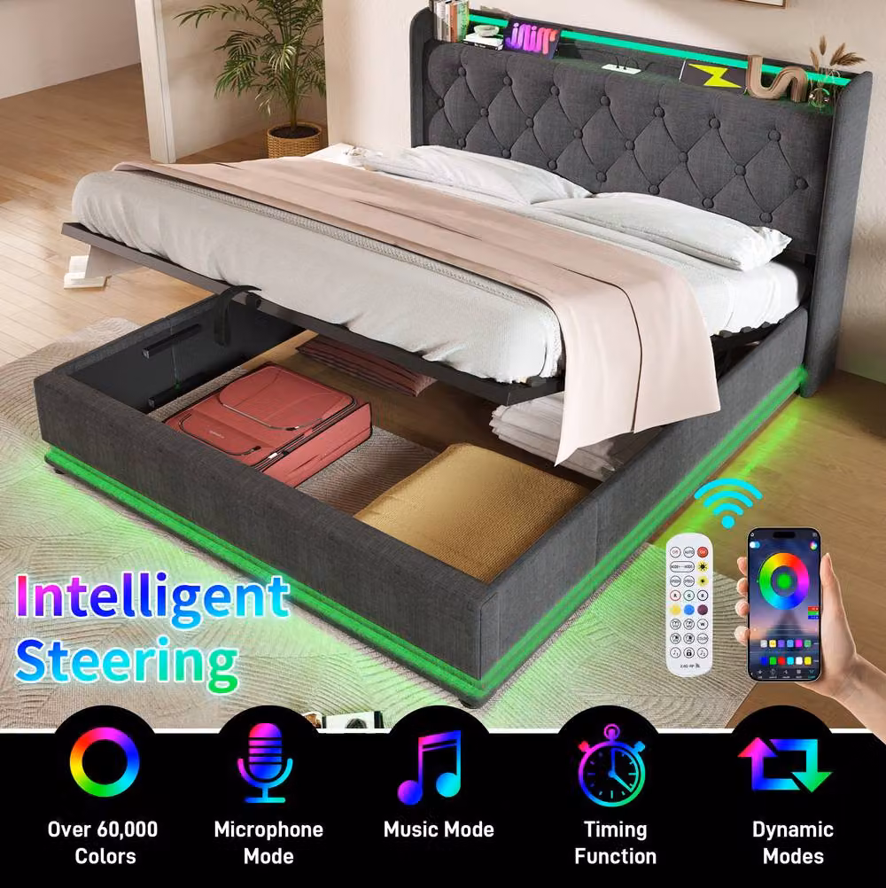 STILVORA Grey Upholstered Double Ottoman Bed with Storage, USB Charging Port and Bedside Shelf, W/D/H: 135 x 190 x 104 cm – 5