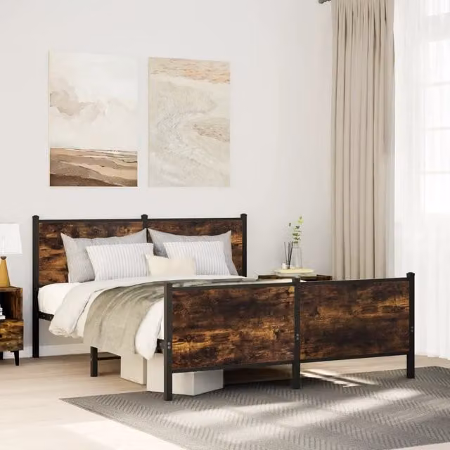Berkfield Home Metal Bed Frame in Smoked Oak Brown, W/D/H: 140 x 190 cm – 1