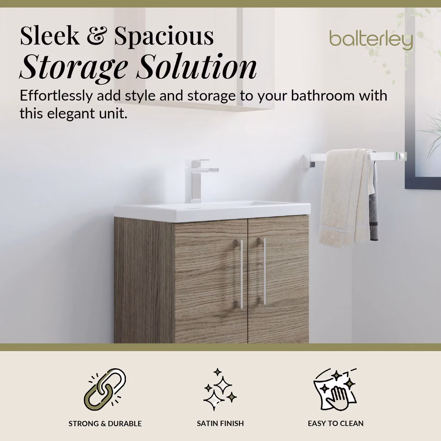 Balterley Modern Freestanding Bathroom Vanity Basin Unit in Mid Oak Brown with Soft Close Hinged Doors, W: 60 cm, H: 84 cm – 2