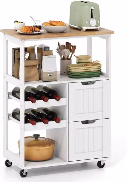 KORVIXA Rolling Wood Top Serving Trolley and Microwave Stand in White, W/D/H: 100 x 100 x 3 cm