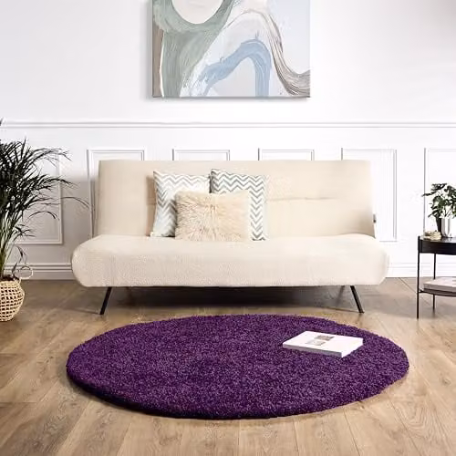 Bravich Round Purple Shaggy Rug, Diameter: 120 cm, Pile Height: 5 cm, Washable and Underfloor Heating Suitable – 1