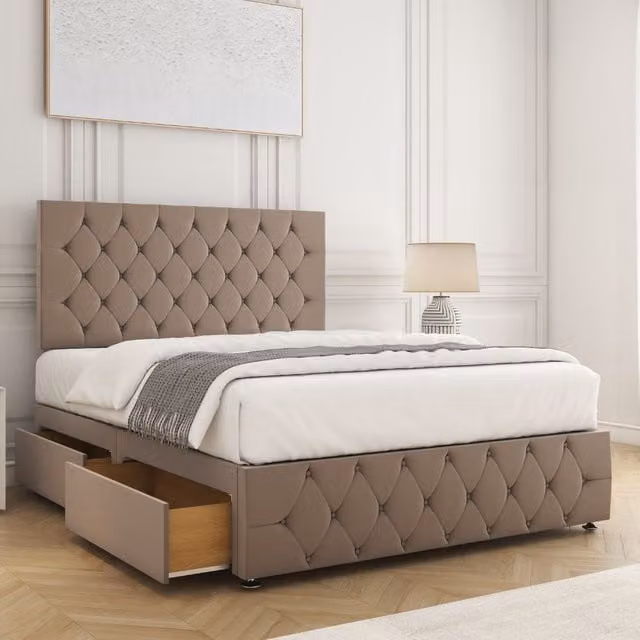 BSSPOKE Mulberry Small Double Divan Bed Set with 24 inch Plush Headboard, 2 Drawers, Footend and Mattress in Bronze, W/D/H: 120 x 200 cm
