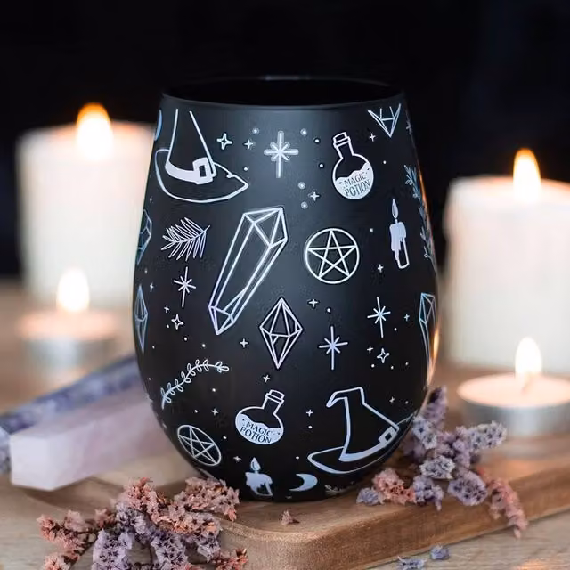 Uniqueful Crystal Witch Print Stemless Glass Tumbler in Black, 550ml – 1