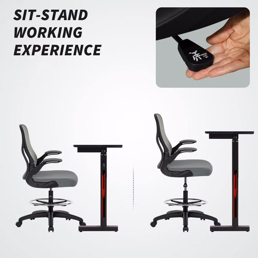 STILVORA Grey Fabric Draughtsman Chair with Flip-up Armrests and Foot Ring – 5