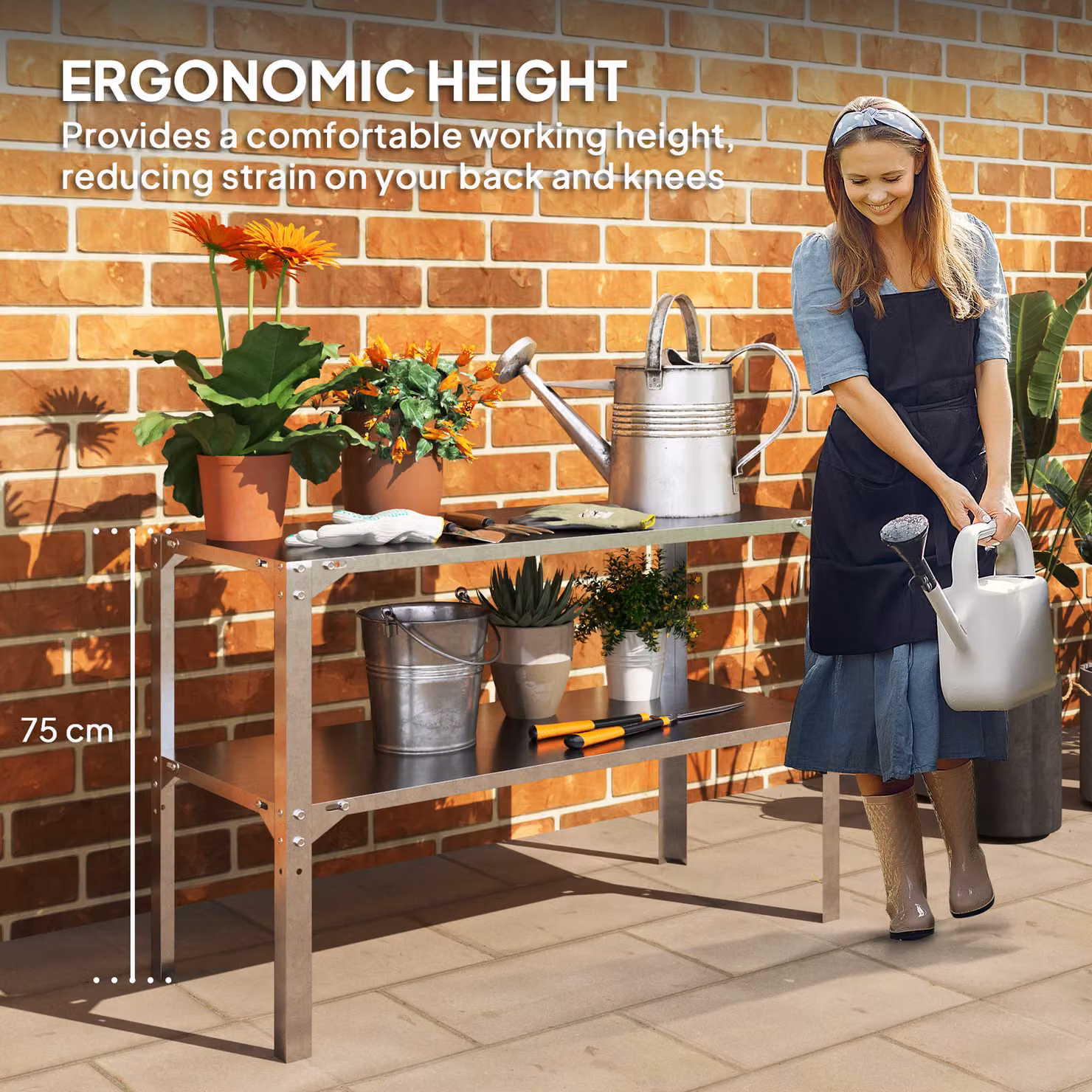 Outsunny 2 Tier Galvanised Steel Potting Bench Table in Silver Tone, W: 110 cm, D: 50 cm, H: 75 cm – 5
