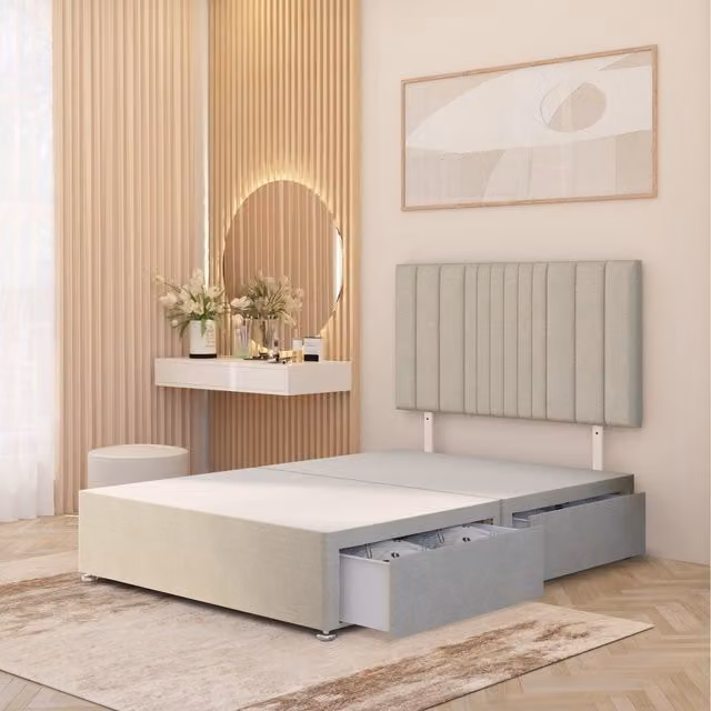 Somnior Beds Ltd Modern Upholstered Fabric Bed Frame with Headboard and Drawers in Beige and Yellow, W/D/H: 140 x 200 cm