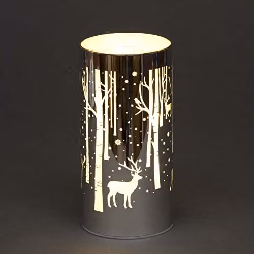 Shatchi Silver Christmas Deer Scene Etched Glass Cylinder Table Lamp, Height: 18 cm – 1