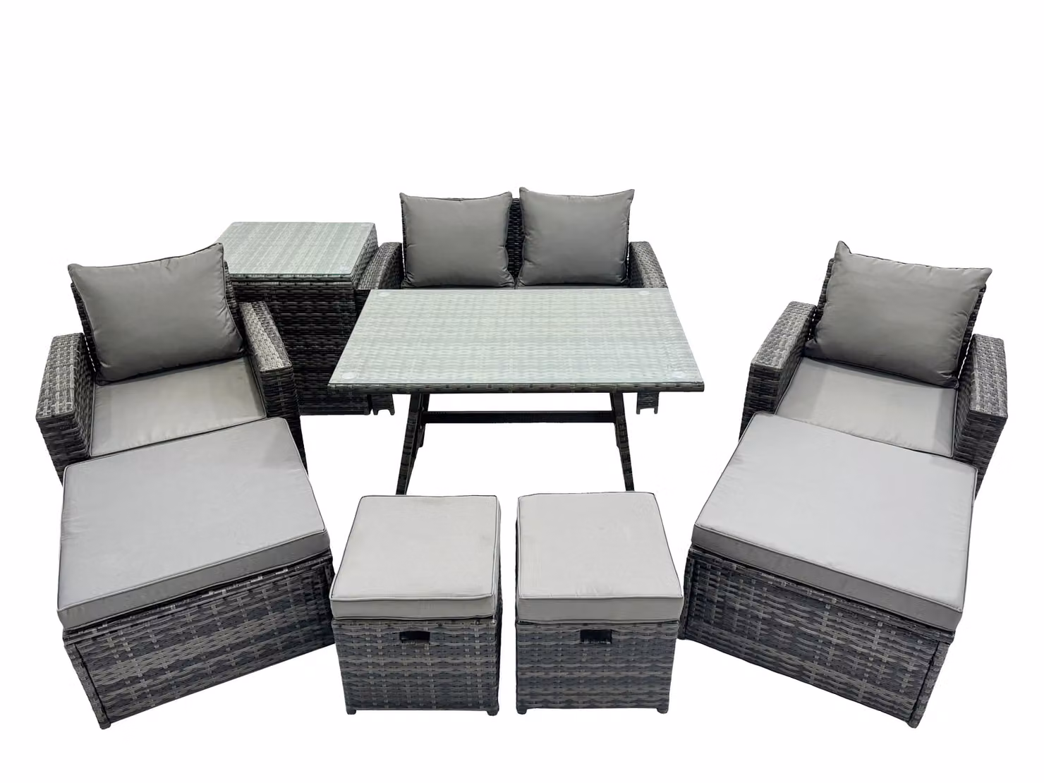 Fimous 8 Seater Outdoor Dining Set with Double Seat Sofa, Side Table and 4 Stools in Dark Grey – 2