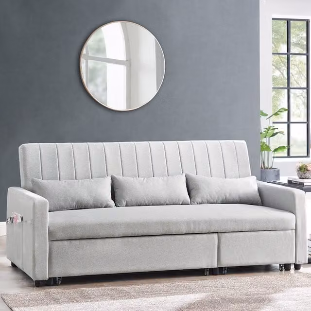 Cornwall 3 Seater Sofa Bed with Right Facing Chaise and Storage Pocket in Grey Linen Fabric