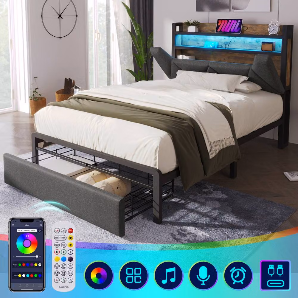 Rolipo Single Bed with Storage Drawers, LED Lighting and USB-C Charging Port, Grey, W/D/H: 90 x 190 x 208 cm – 4
