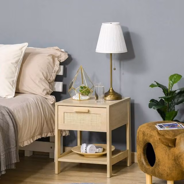 FORGEVIO Bedside Table Nightstand with Rattan Drawer in Light Oak and Beige – 1