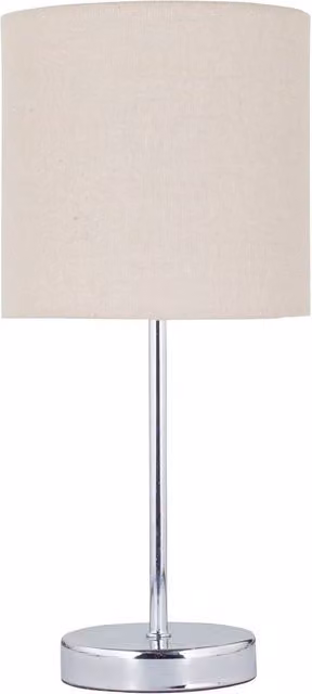 First Choice Lighting Chrome Stick Table Lamp with Beige Linen Shade in Silver