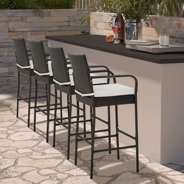 Costway Set of 4 Modern Brown Rattan and Metal Patio Wicker Barstools