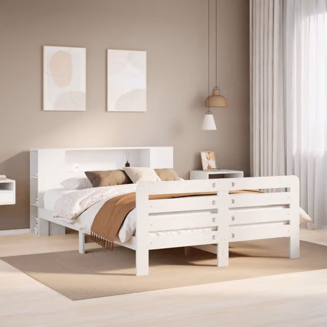Berkfield Home White Solid Pine Wood Bed Frame with Side Compartments W/D/H: 150 x 200 cm