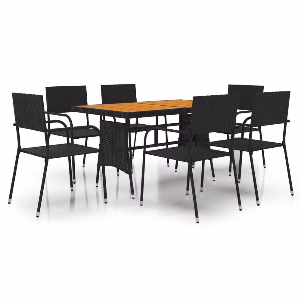 Berkfield Home 7 Piece Modern Poly Rattan Outdoor Dining Set in Black with Acacia Wood and Metal – 2