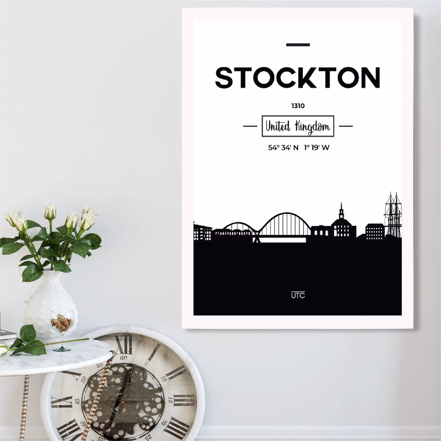 ARTZE Stockton Black and White City Skyline Framed Print in White Frame, A3 – 2