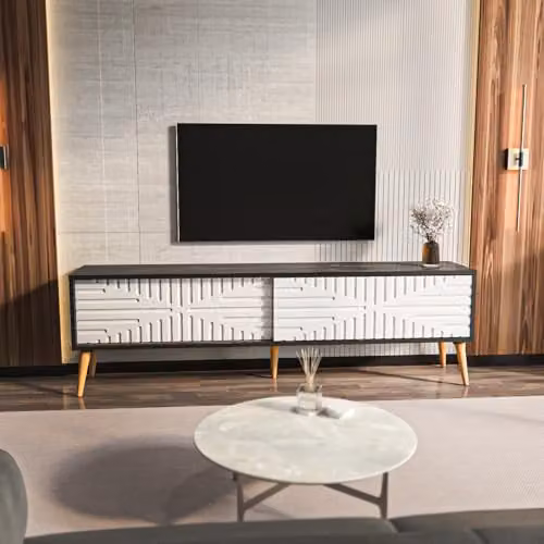 DECOROTIKA Riso Modern TV Stand with Sliding MDF Doors and Solid Wood Legs in Black Marble Effect, W: 180 cm, D: 35 cm, H: 54 cm – 2