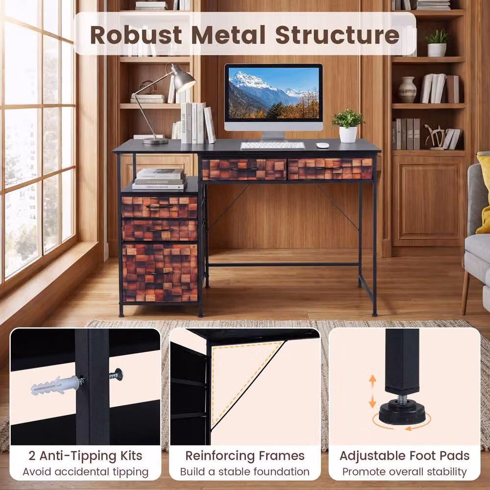 Costway Brown Computer Desk with Shelf and Drawers for Home Office and Study – 4