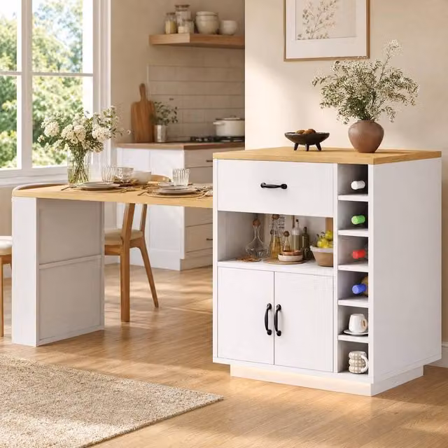STILVORA Extendable Kitchen Island Dining Table with Storage and LED in White, W/D/H: 95.5 x 80 x 53 cm