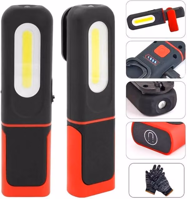 Hinsinc 2-Piece Rechargeable COB LED Work Light Set in Black and Red with Magnetic and Adjustable Features